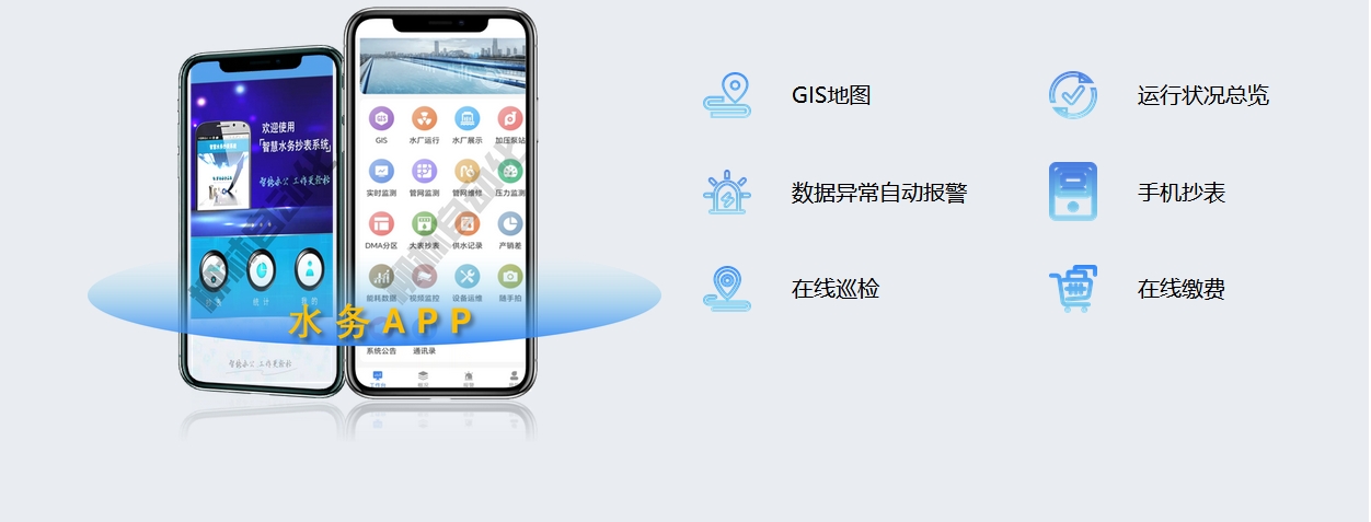 水務APP:GIS地圖、運行狀況總覽、數據異常自動報警、手機抄表、在線巡檢、在線繳費