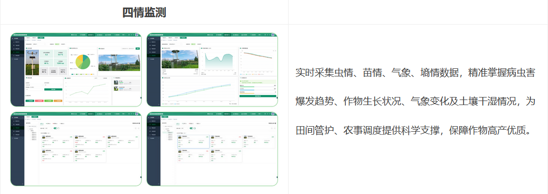 四情監測：實時采集蟲情、苗情、氣象、墑情數據，精準掌握病蟲害爆發趨勢、作物生長狀況、氣象變化及土壤干濕情況，為田間管護、農事調度提供科學支撐，保障作物高產優質。